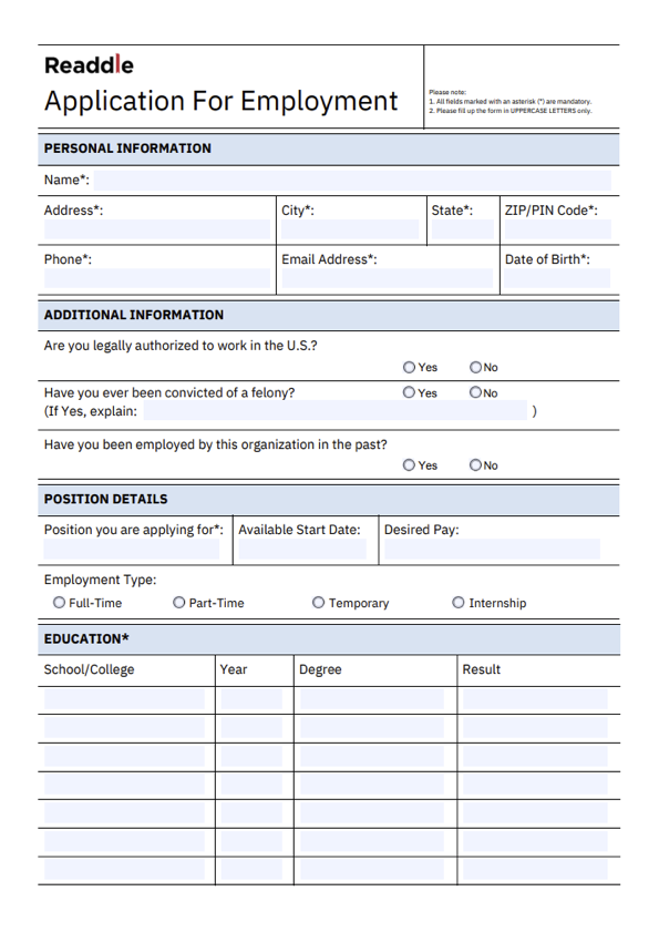 Application for Employment PDF | Job Application Form Sample