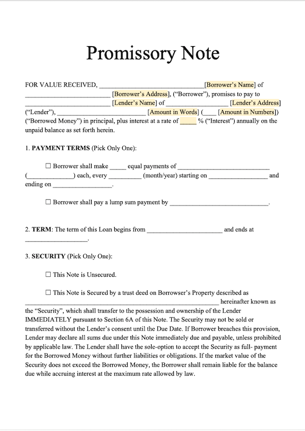 proforma of promissory note