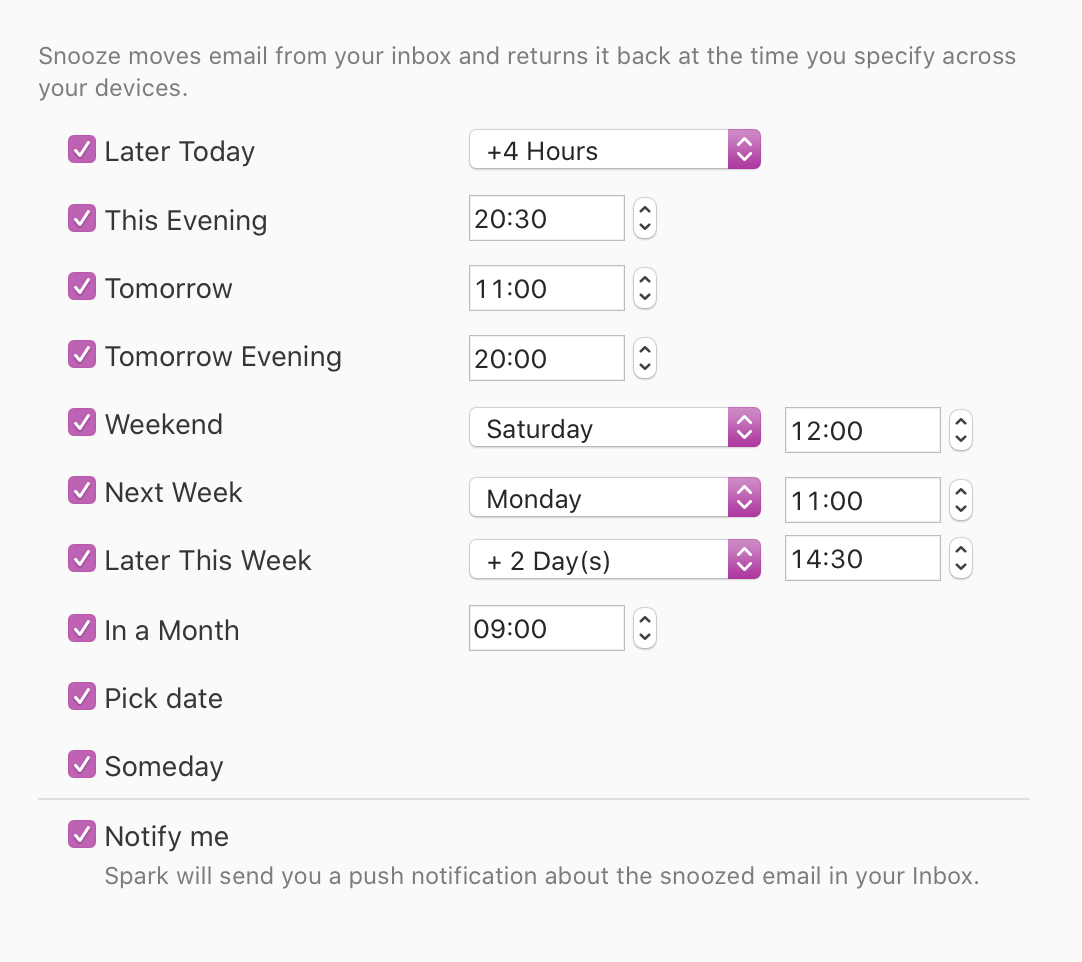 Configuración de Snooze en Spark captura de pantalla